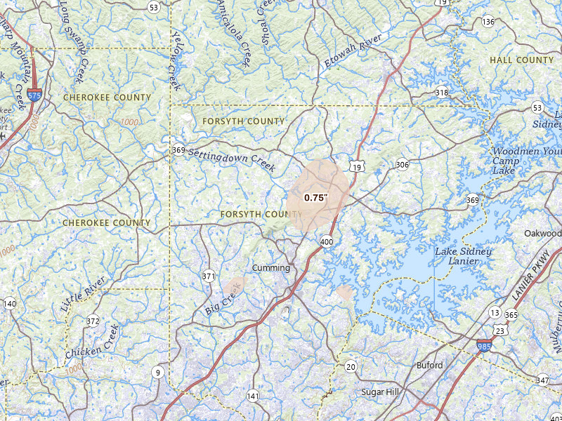 Radar-estimated hail-size map of the storm over Cumming, GA on Aug 9, 2026