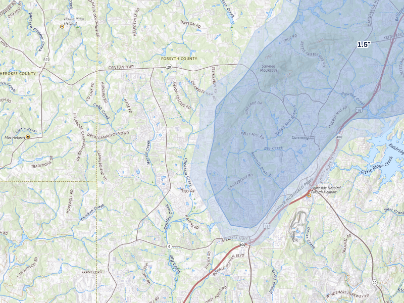 NEXRAD radar-signature map of the hail storm over Cumming, GA on Aug 9, 2026