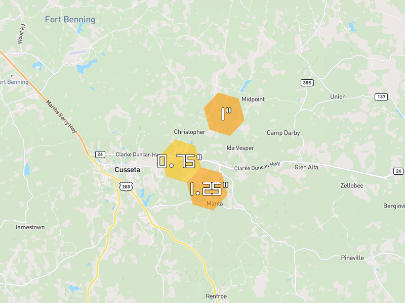 Hail map of Cusseta, GA on Jun 1, 2026, hail up to 1.25"