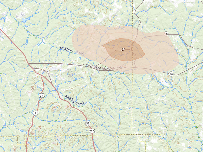 Radar-estimated hail-size map of the storm over Cusseta, GA on Aug 11, 2026