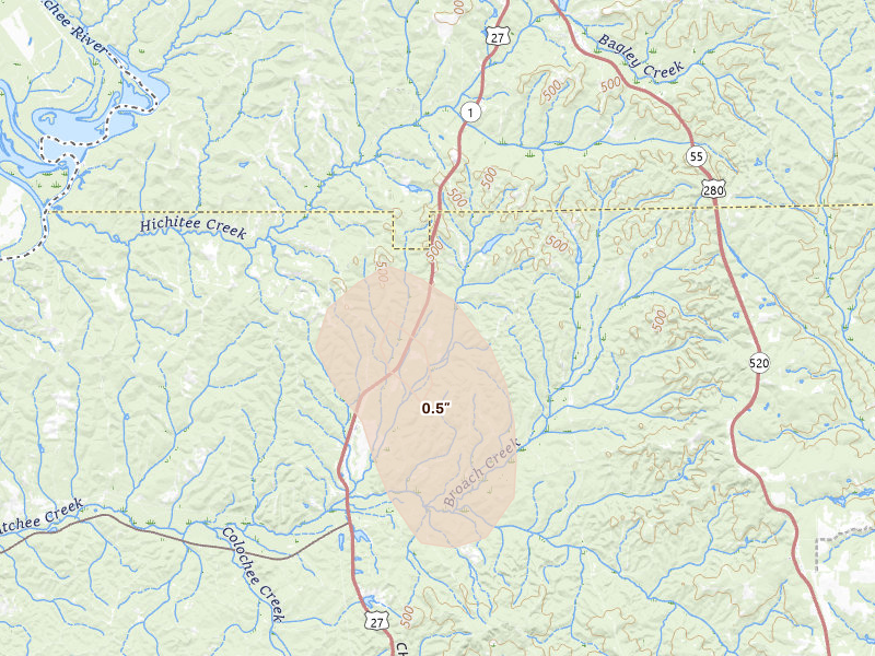 Radar-estimated hail-size map of the storm over Cusseta, GA on Aug 21, 2026