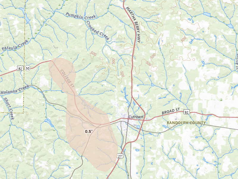 Radar-estimated hail-size map of the storm over Cuthbert, GA on Aug 12, 2026