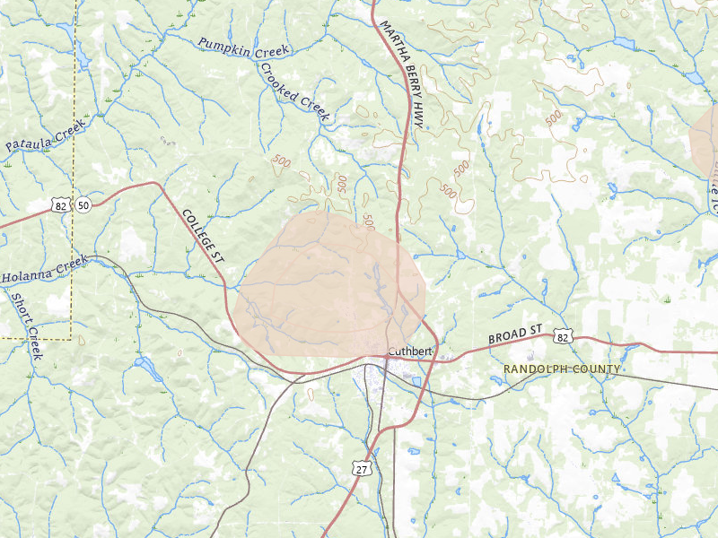 Radar-estimated hail-size map of the storm over Cuthbert, GA on Aug 13, 2026