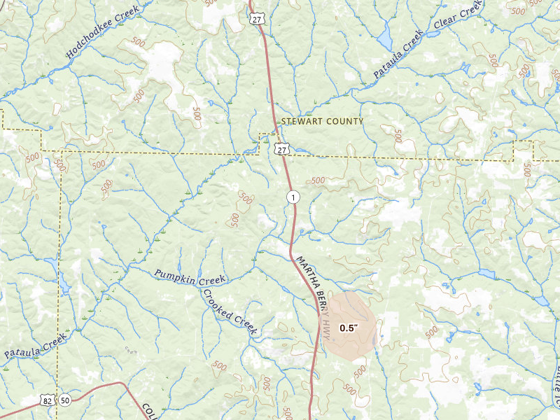 Radar-estimated hail-size map of the storm over Cuthbert, GA on Aug 20, 2026