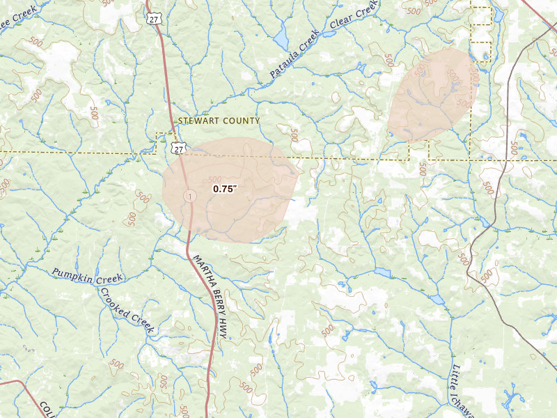 Radar-estimated hail-size map of the storm over Cuthbert, GA on Aug 21, 2026