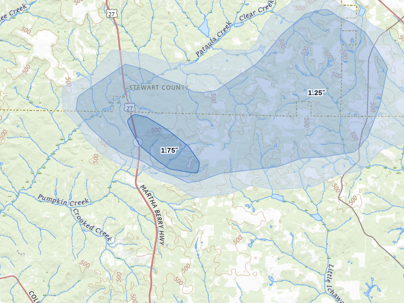 NEXRAD radar-signature map of the hail storm over Cuthbert, GA on Aug 21, 2026