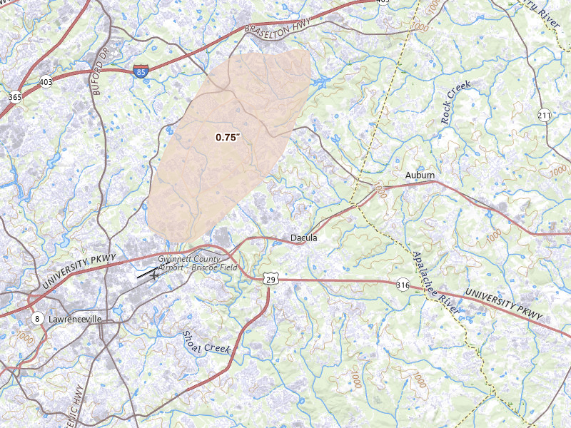 Radar-estimated hail-size map of the storm over Dacula, GA on Mar 6, 2026
