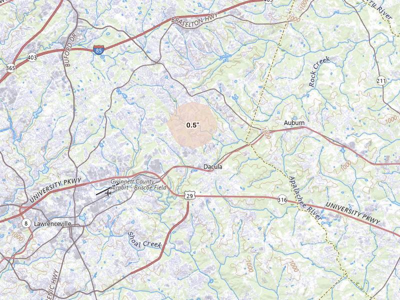 Radar-estimated hail-size map of the storm over Dacula, GA on Aug 7, 2026