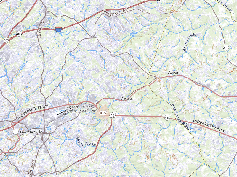 Radar-estimated hail-size map of the storm over Dacula, GA on Aug 17, 2026