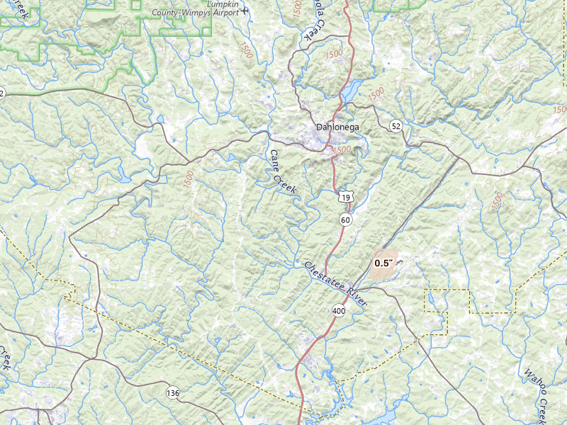 Radar-estimated hail-size map of the storm over Dahlonega, GA on Apr 4, 2026