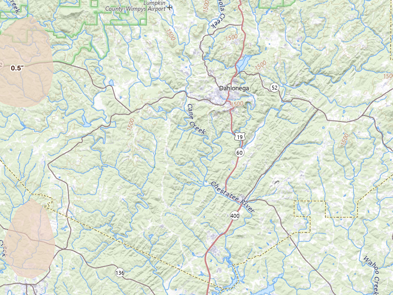 Radar-estimated hail-size map of the storm over Dahlonega, GA on May 17, 2026