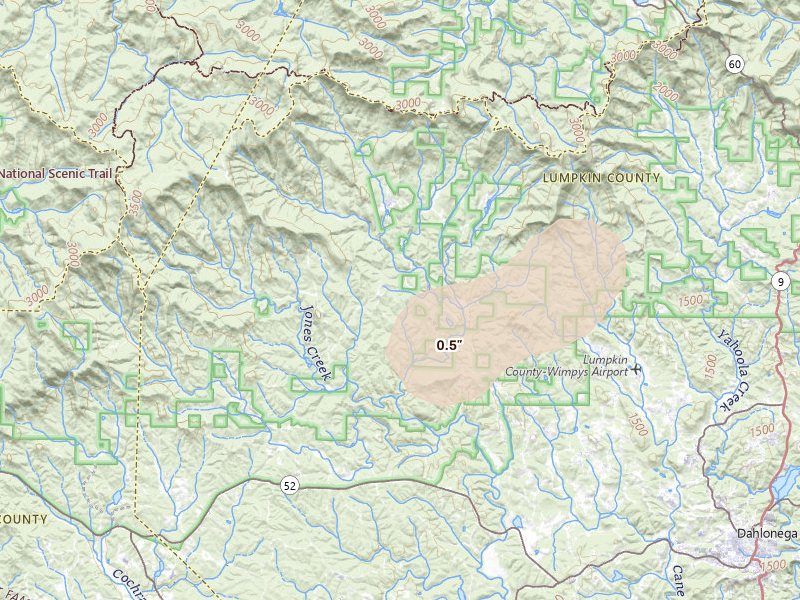 Radar-estimated hail-size map of the storm over Dahlonega, GA on Aug 1, 2026