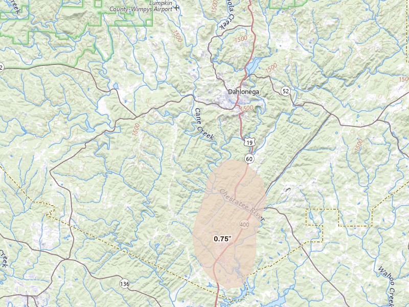 Radar-estimated hail-size map of the storm over Dahlonega, GA