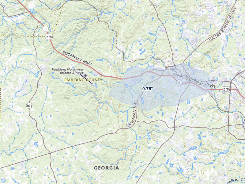 NEXRAD radar-signature map of the hail over Dallas, GA