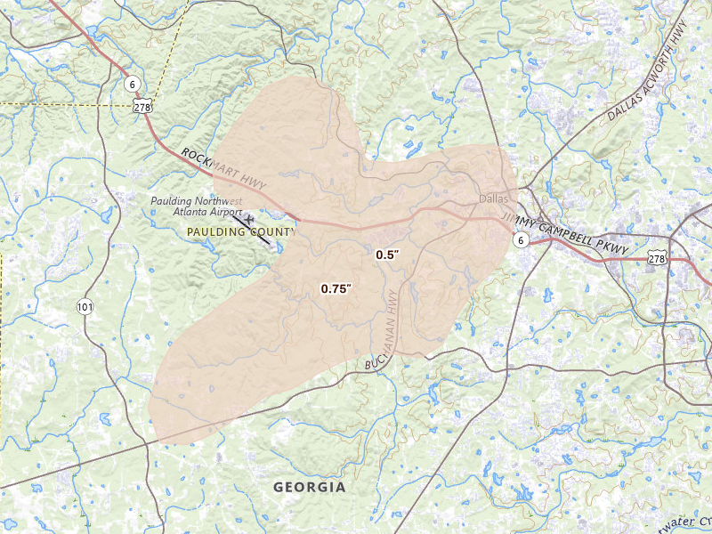 Radar-estimated hail-size map of the storm over Dallas, GA on May 23, 2026