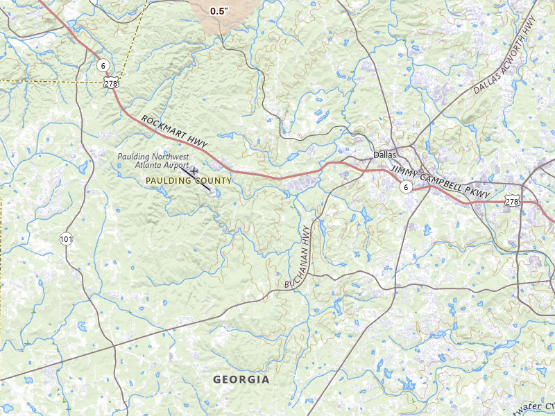Radar-estimated hail-size map of the storm over Dallas, GA on Jul 1, 2026