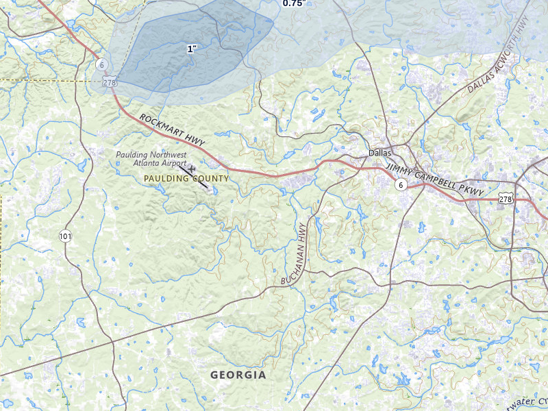 NEXRAD radar-signature map of the hail storm over Dallas, GA on Jul 1, 2026