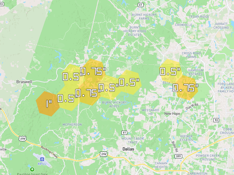 Hail map of Dallas, GA on Jul 1, 2026, hail up to 1"