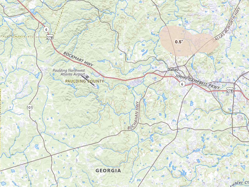 Radar-estimated hail-size map of the storm over Dallas, GA on Jul 10, 2026