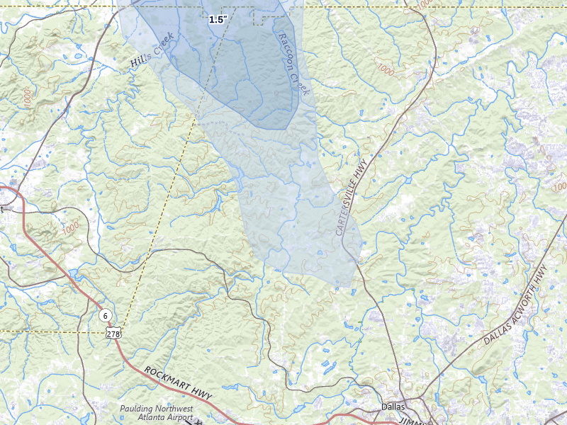 NEXRAD radar-signature map of the hail storm over Dallas, GA on Aug 21, 2026
