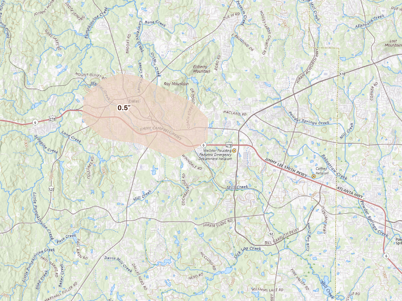 Radar-estimated hail-size map of the storm over Dallas, GA