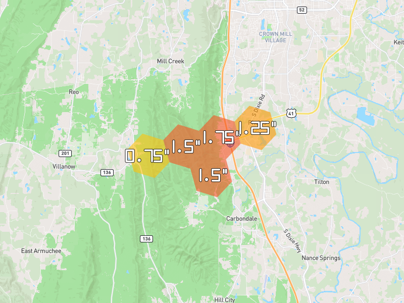 Hail map of Dalton, GA on Jul 2, 2026, hail up to 1.75"