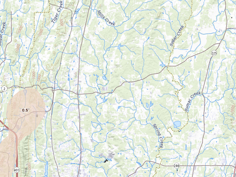 Radar-estimated hail-size map of the storm over Dalton, GA on Jul 3, 2026