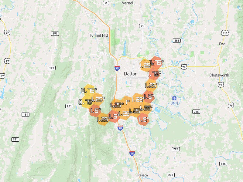 Hail map of Dalton, GA on Jul 3, 2026, hail up to 1.75"