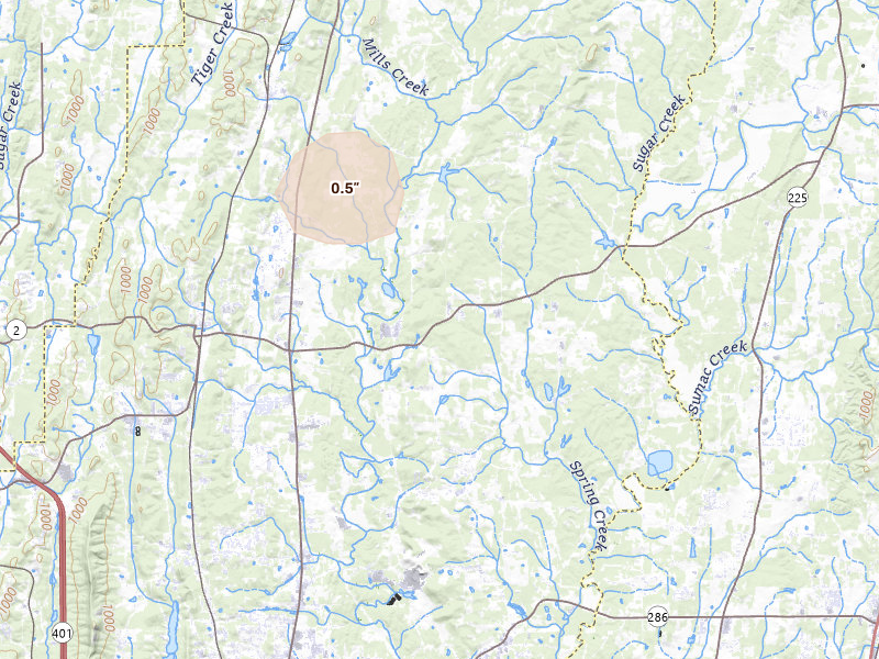 Radar-estimated hail-size map of the storm over Dalton, GA on Jul 10, 2026