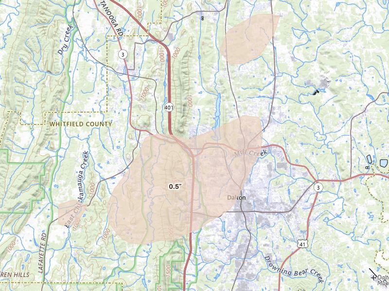 Radar-estimated hail-size map of the storm over Dalton, GA on Aug 7, 2026