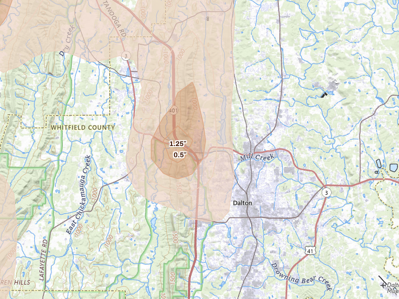 Radar-estimated hail-size map of the storm over Dalton, GA on Aug 20, 2026
