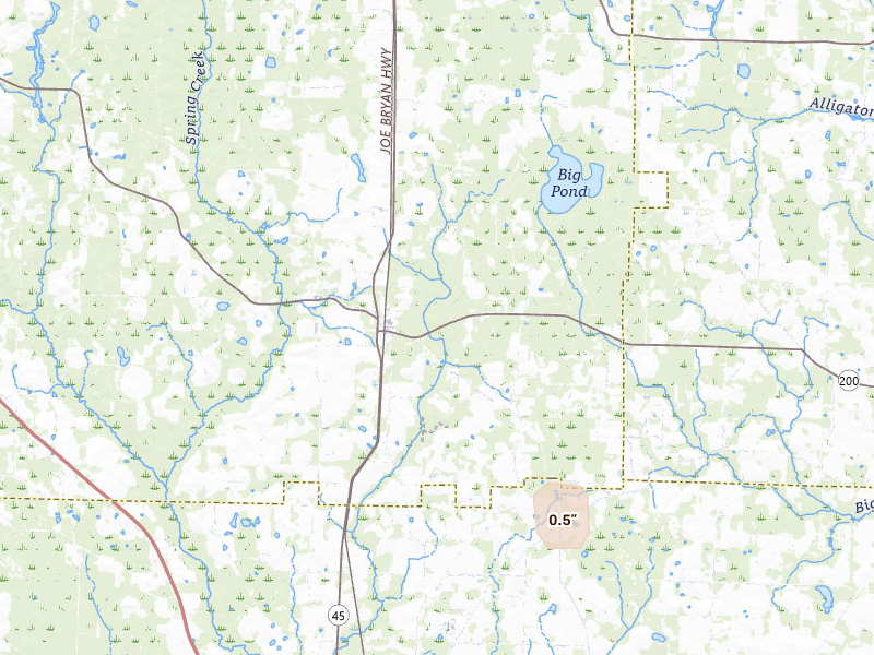 Radar-estimated hail-size map of the storm over Damascus, GA on Aug 18, 2026