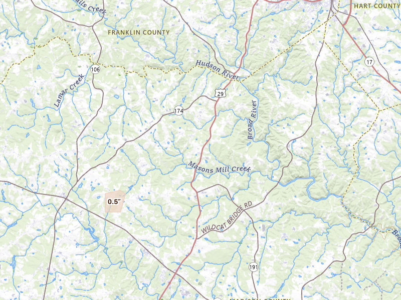 Radar-estimated hail-size map of the storm over Danielsville, GA on Jul 5, 2026