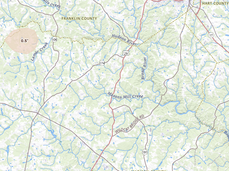 Radar-estimated hail-size map of the storm over Danielsville, GA on Jul 10, 2026