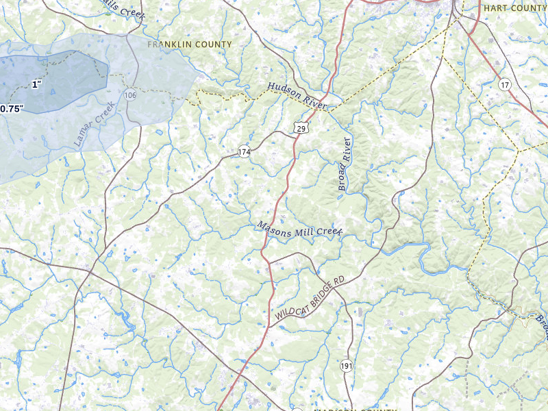 NEXRAD radar-signature map of the hail over Danielsville, GA