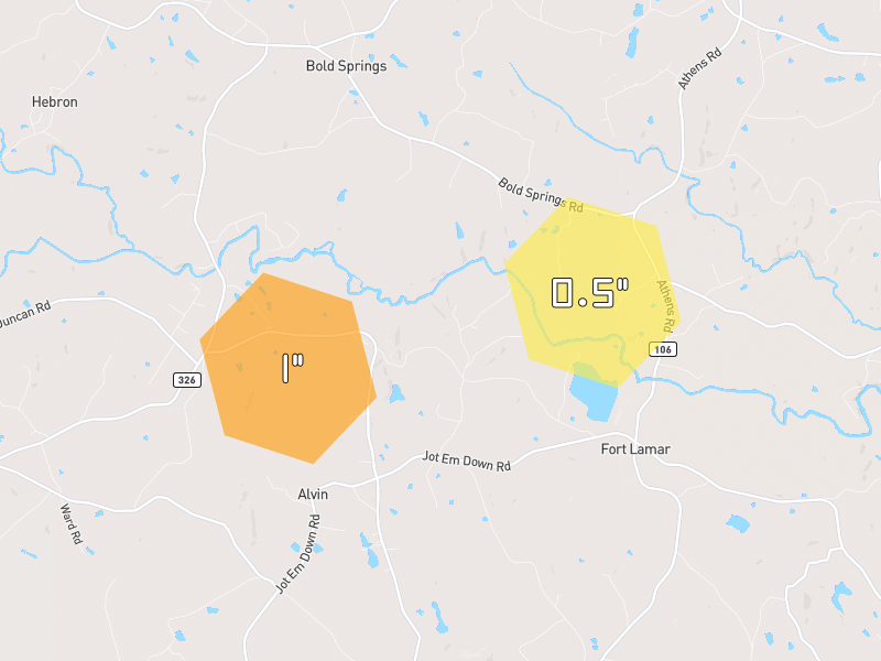 Hail map of Danielsville, GA on Jul 10, 2026, hail up to 1"