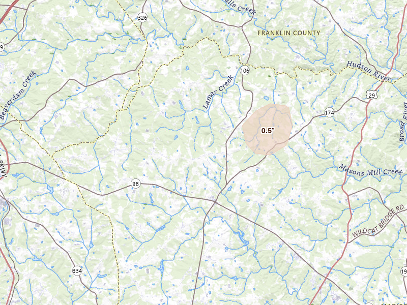 Radar-estimated hail-size map of the storm over Danielsville, GA on Aug 20, 2026