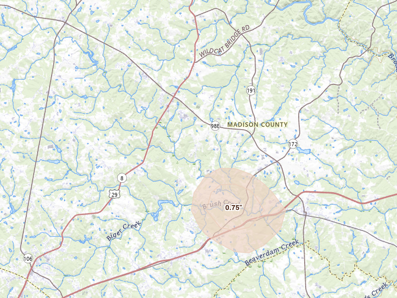 Radar-estimated hail-size map of the storm over Danielsville, GA