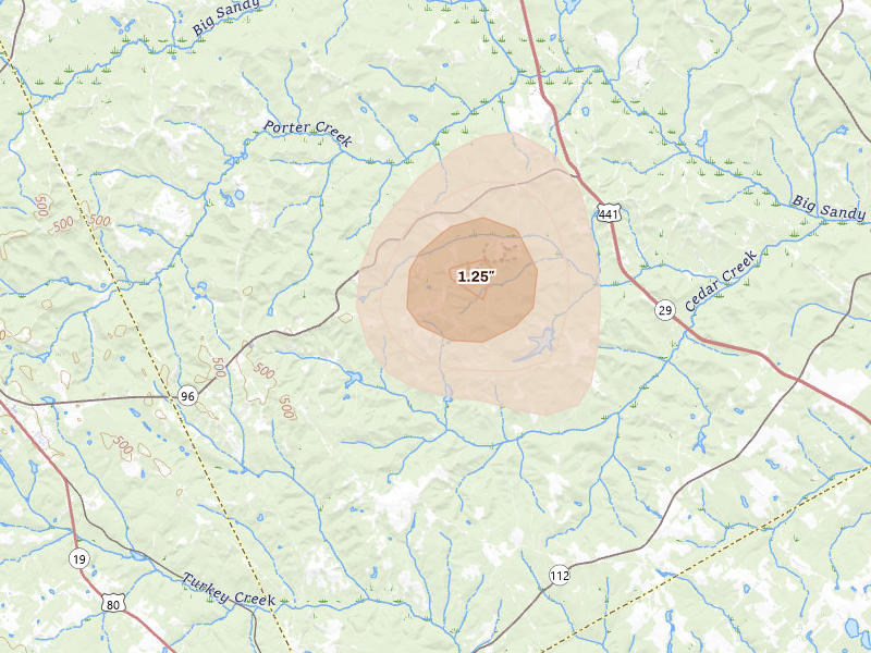 Radar-estimated hail-size map of the storm over Danville, GA on May 17, 2026
