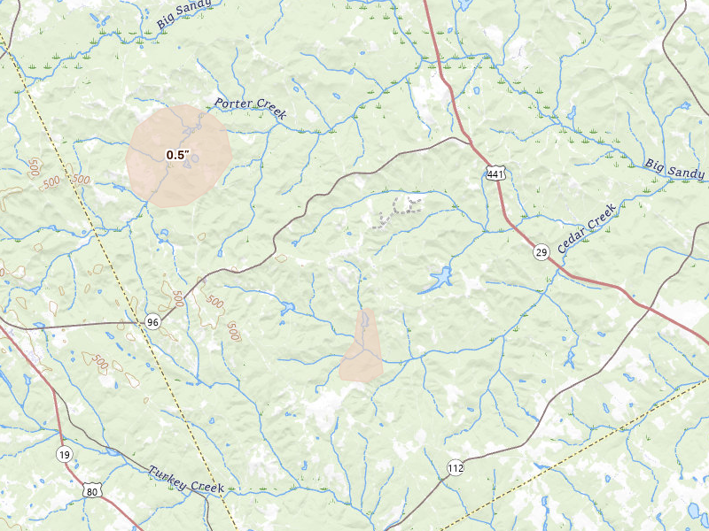 Radar-estimated hail-size map of the storm over Danville, GA on Jul 12, 2026