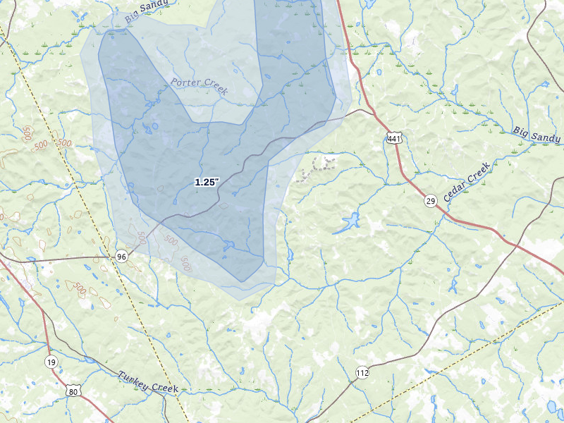NEXRAD radar-signature map of the hail storm over Danville, GA on Jul 12, 2026