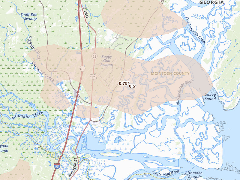 Radar-estimated hail-size map of the storm over Darien, GA on Jul 29, 2026