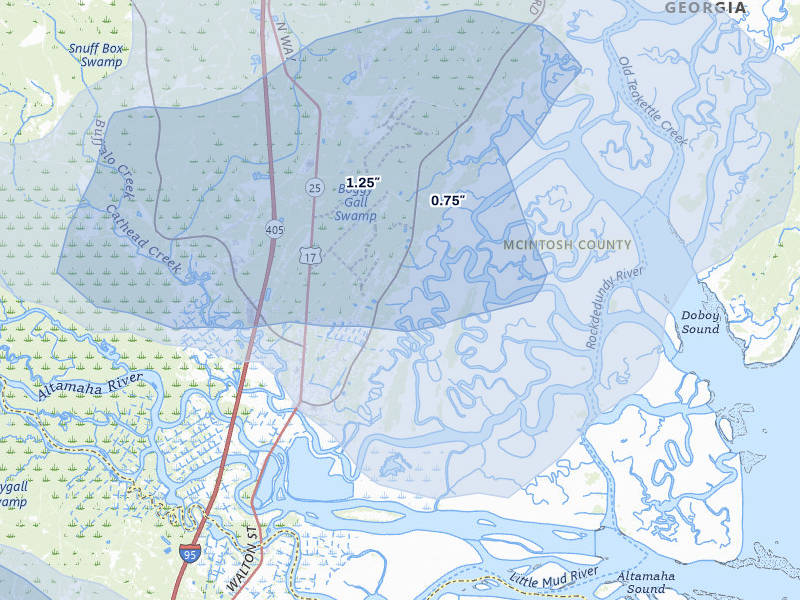 NEXRAD radar-signature map of the hail over Darien, GA