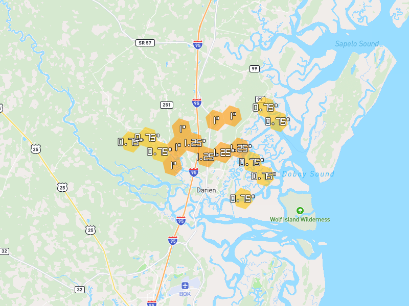 Hail map of Darien, GA on Jul 29, 2026, hail up to 1.25"