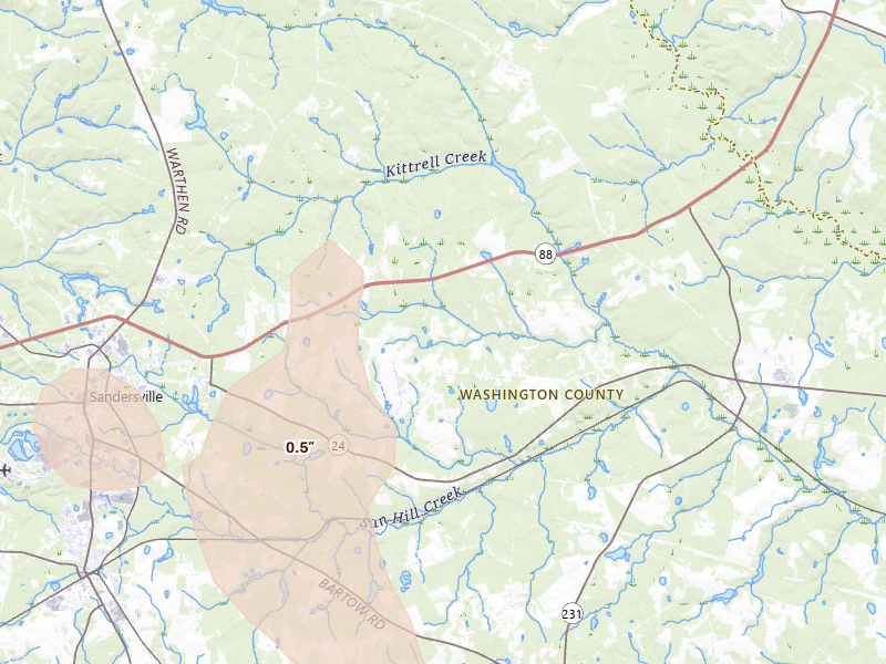 Radar-estimated hail-size map of the storm over Davisboro, GA on Jul 17, 2026