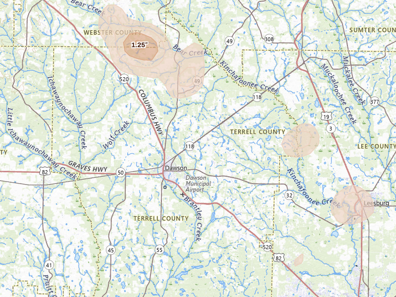 Radar-estimated hail-size map of the storm over Dawson, GA on Aug 20, 2026