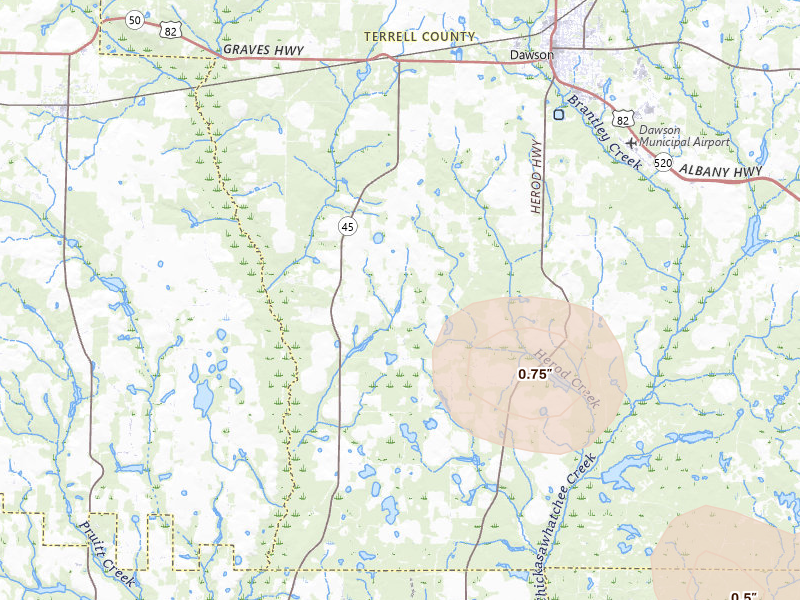 Radar-estimated hail-size map of the storm over Dawson, GA on Aug 21, 2026