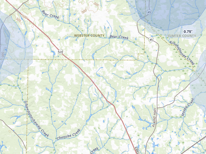NEXRAD radar-signature map of the hail storm over Dawson, GA on Aug 21, 2026