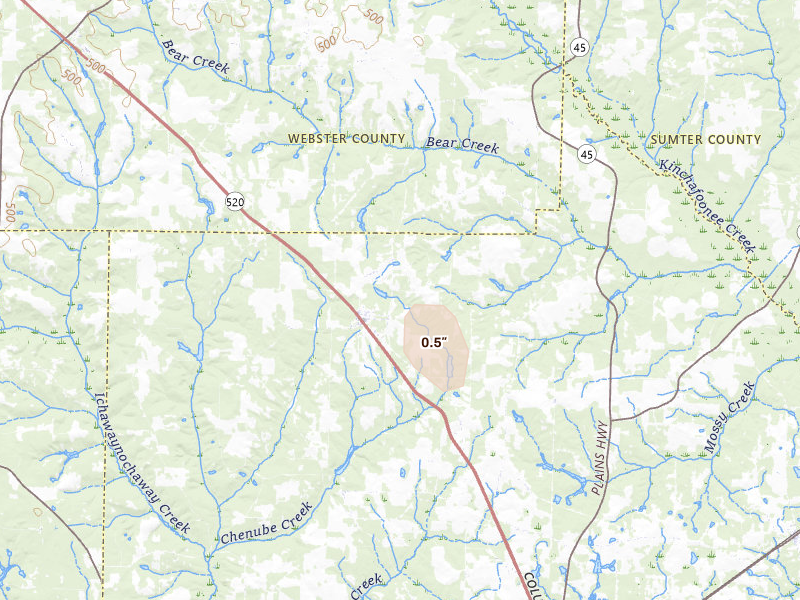 Radar-estimated hail-size map of the storm over Dawson, GA on Aug 25, 2026