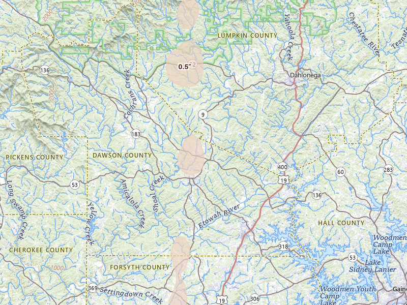 Radar-estimated hail-size map of the storm over Dawsonville, GA on May 17, 2026
